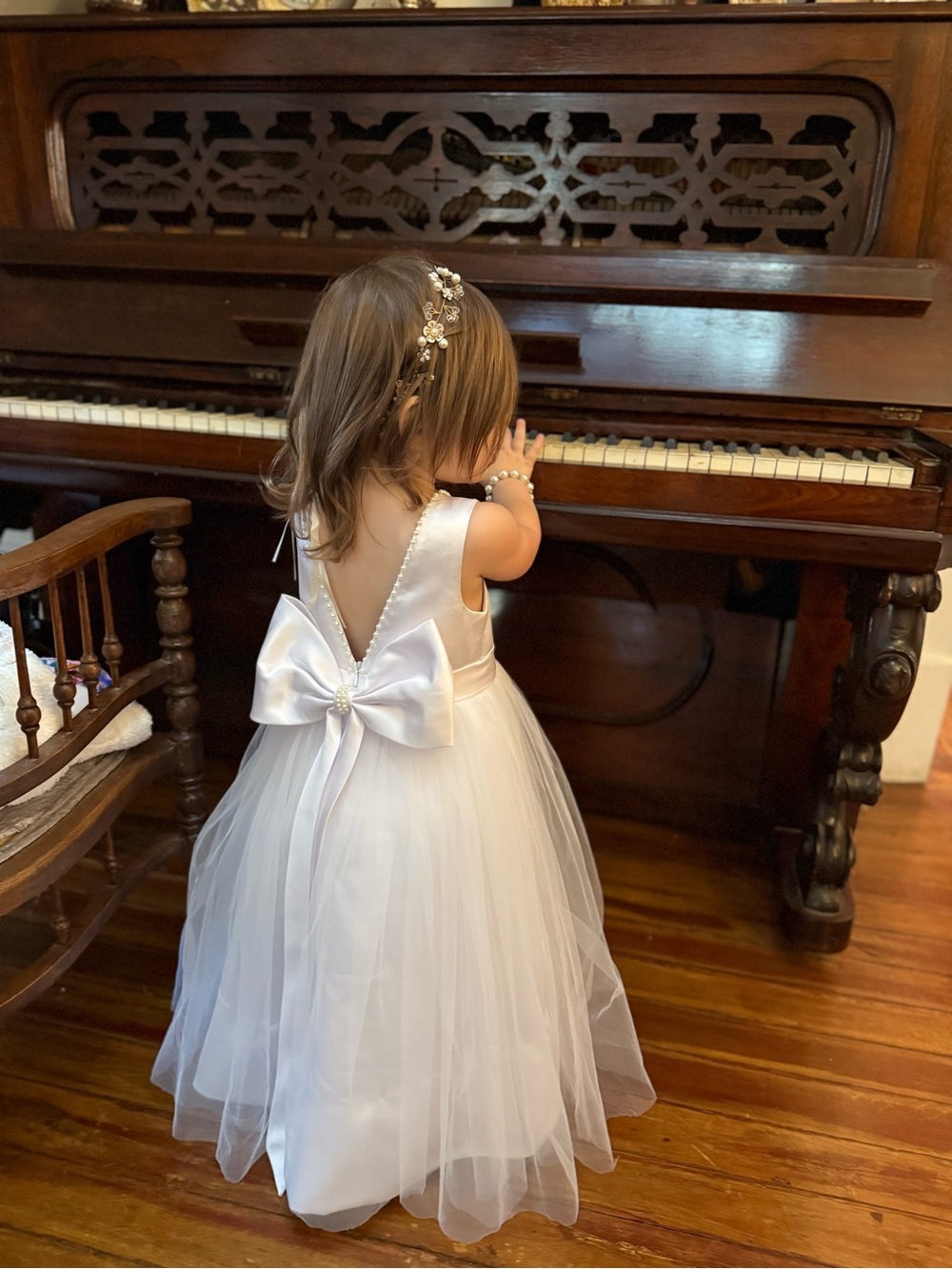JJs House White Tulle Flower Girl Dress with Bow Back